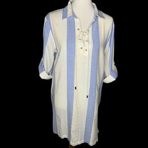 Spiaggia Dolce Swim Cover-Up Dress Size Large Blue White Stripes Roll Tab Sleeve
